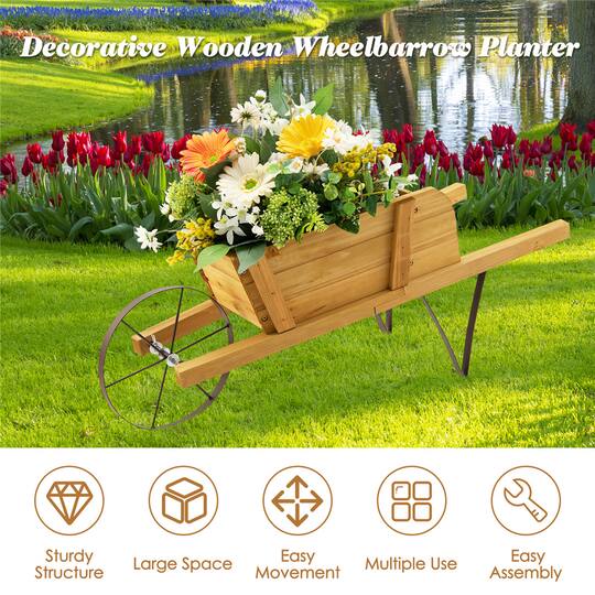 Costway Decorative Rustic Wood Wheelbarrow Planter Cart
